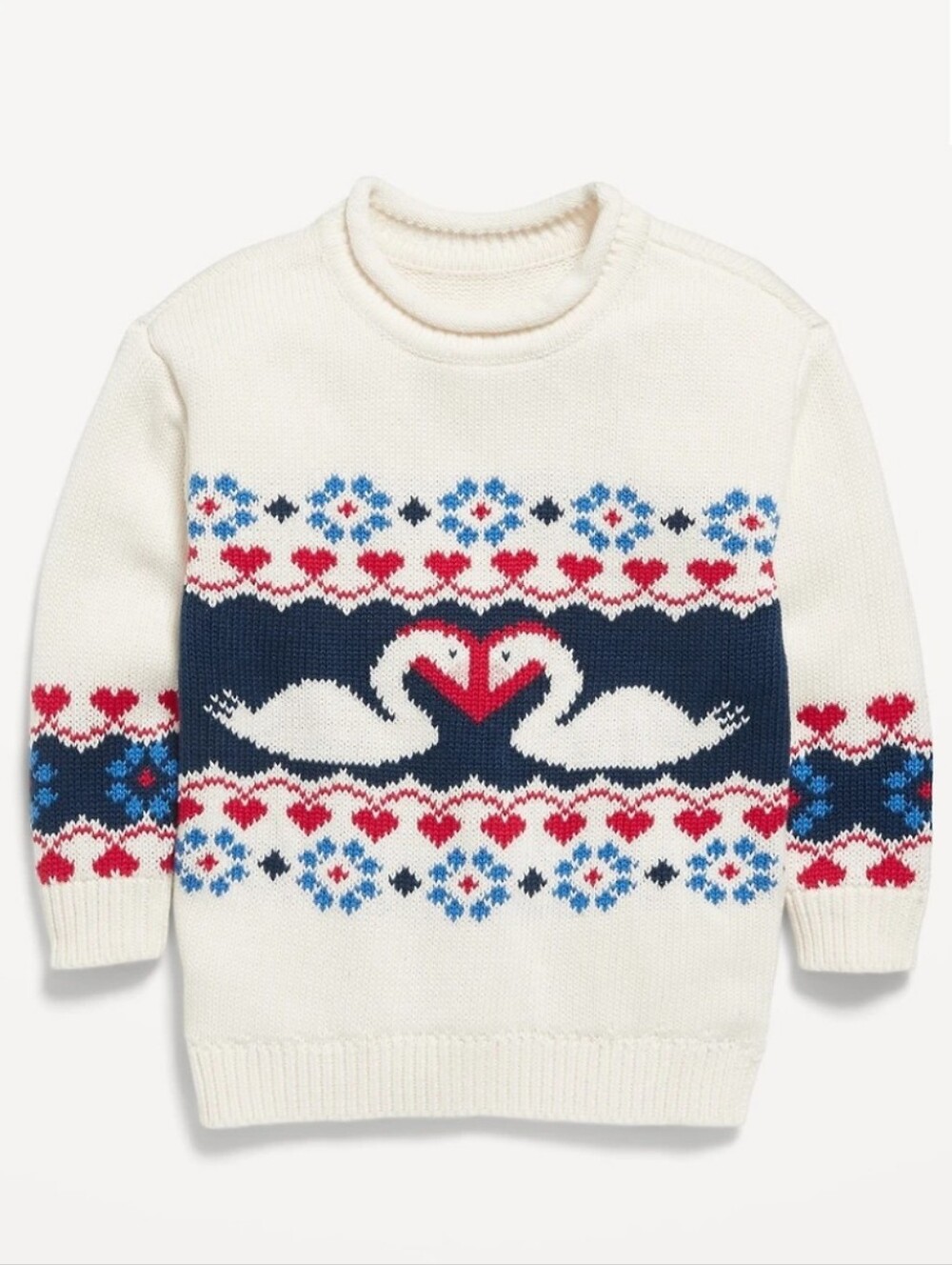 Old Navy Heart Swan Pullover Tunic Cotton Sweater Cream Red Blue 2T